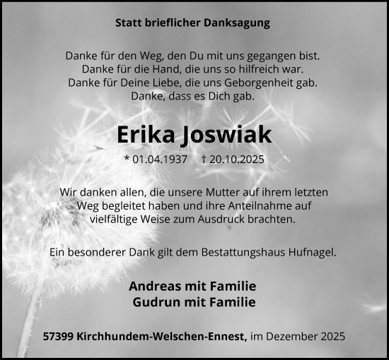 Traueranzeige von Erika Joswiak von HASK