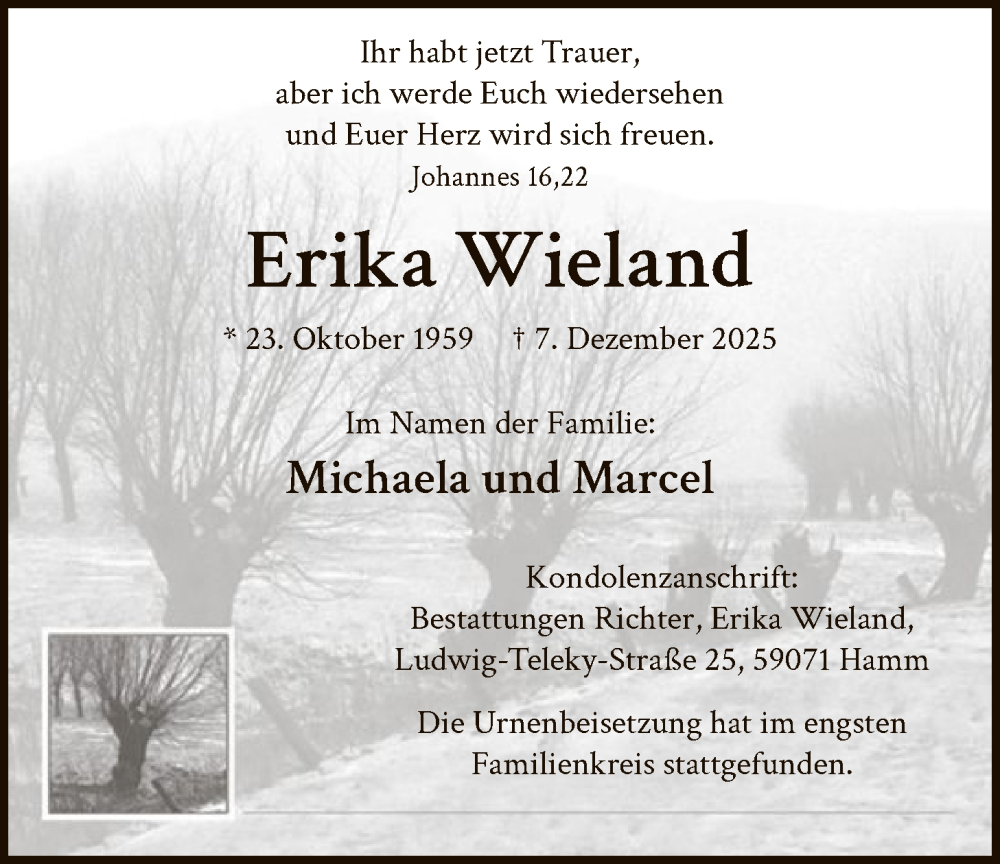  Traueranzeige für Erika Wieland vom 24.12.2025 aus HAWA