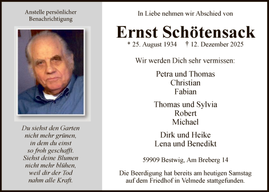 Traueranzeige von Ernst Schötensack von HASK
