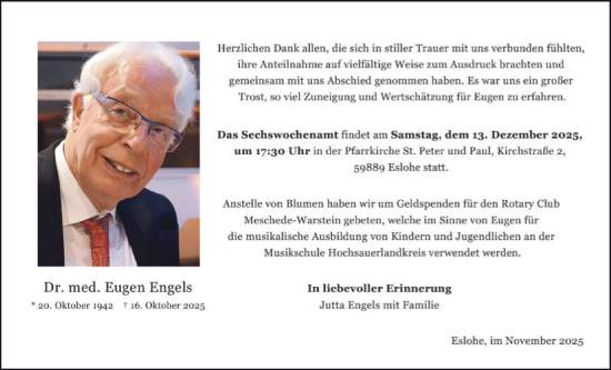 Traueranzeige von Eugen Engels von HASK