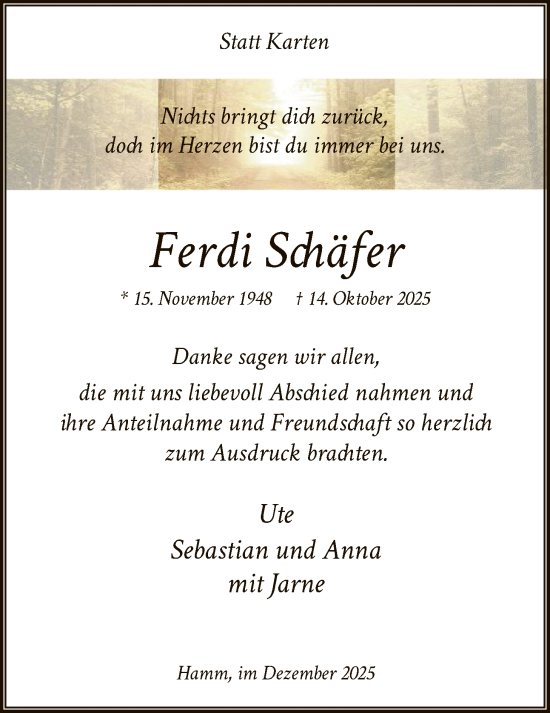 Traueranzeige von Ferdi Schäfer von HAWA