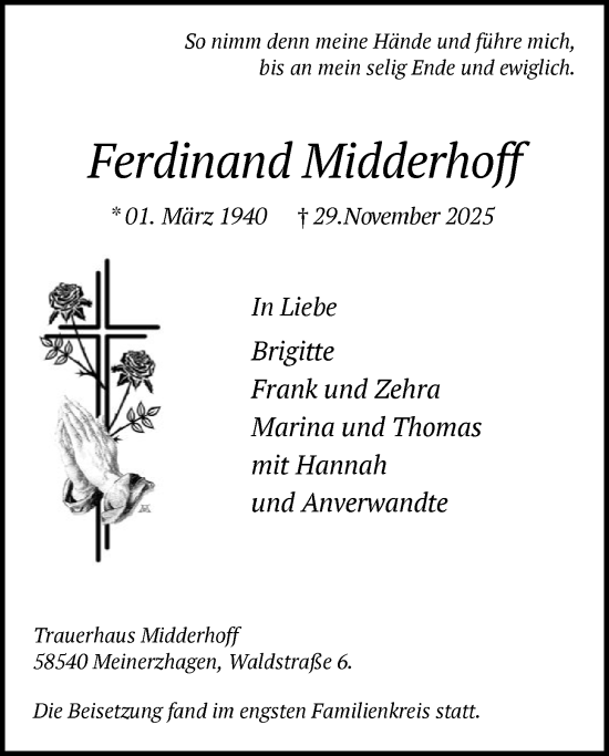 Traueranzeige von Ferdinand Midderhoff von HALN