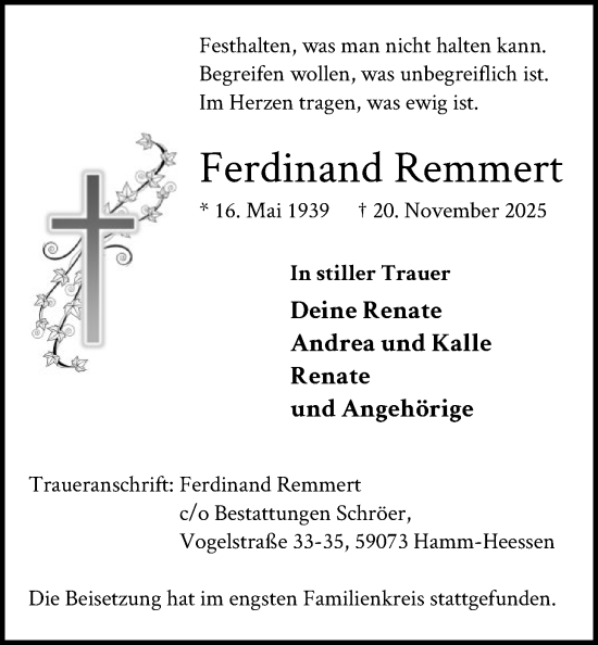 Traueranzeige von Ferdinand Remmert von HAWA