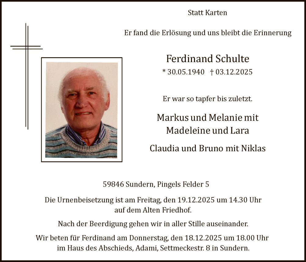  Traueranzeige für Ferdinand Schulte vom 06.12.2025 aus HASK