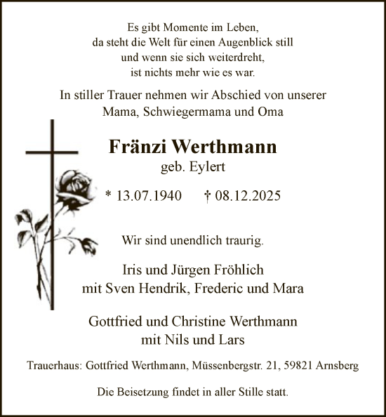 Traueranzeige von Fränzi Werthmann von HASK