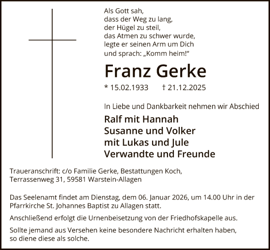 Traueranzeige von Franz Gerke von HASO