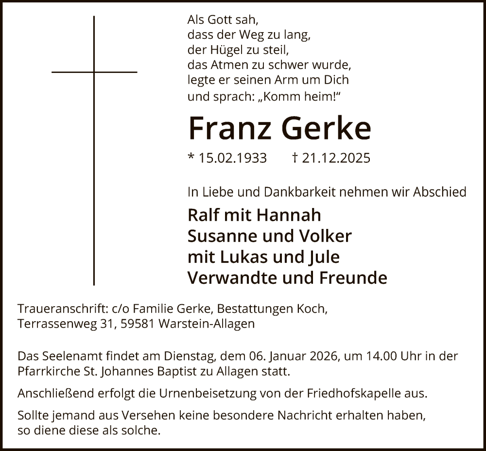  Traueranzeige für Franz Gerke vom 27.12.2025 aus HASO