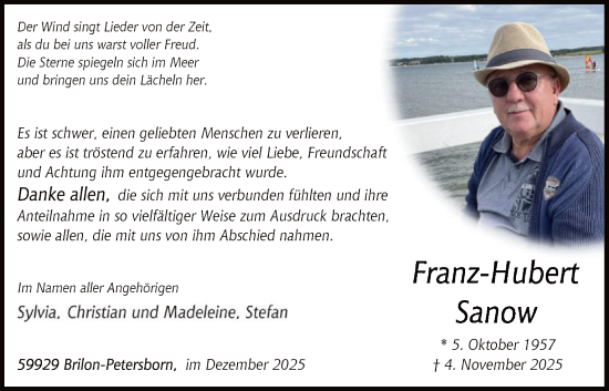 Traueranzeige von Franz-Hubert Sanow von HASK