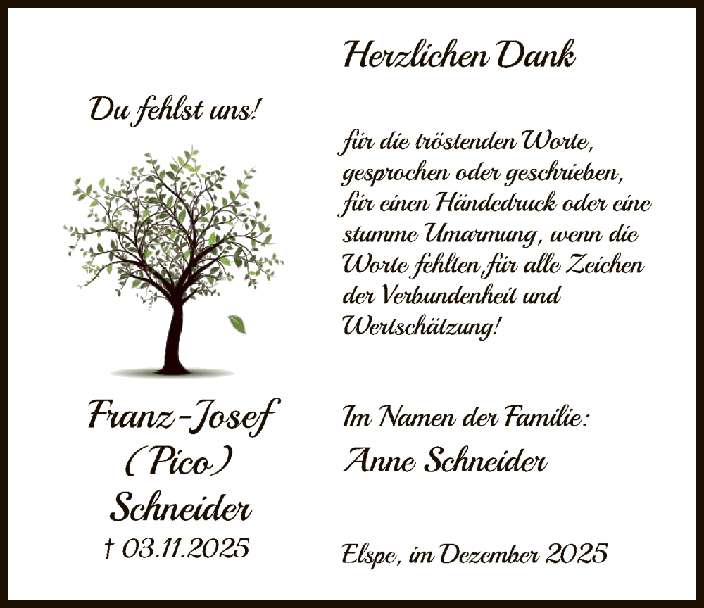  Traueranzeige für Franz-Josef Schneider vom 13.12.2025 aus HASK