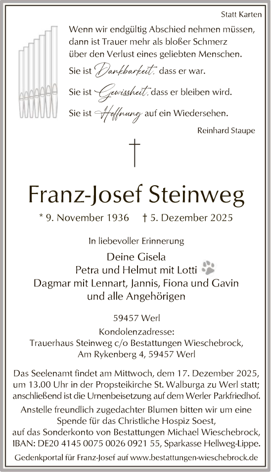 Traueranzeige von Franz-Josef Steinweg von HASO