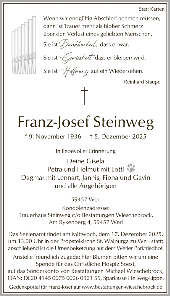  Traueranzeige für Franz-Josef Steinweg vom 10.12.2025 aus HASO