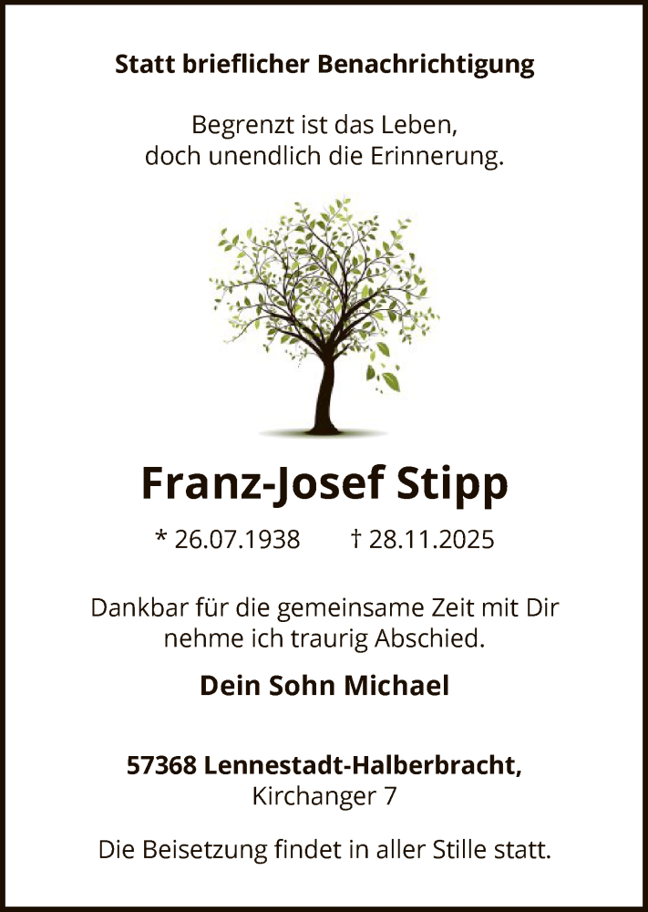  Traueranzeige für Franz-Josef Stipp vom 06.12.2025 aus HASK