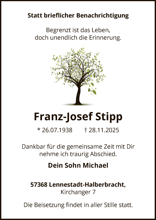 Traueranzeige von Franz-Josef Stipp von HASK
