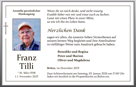 Traueranzeige von Franz Tili von HASK