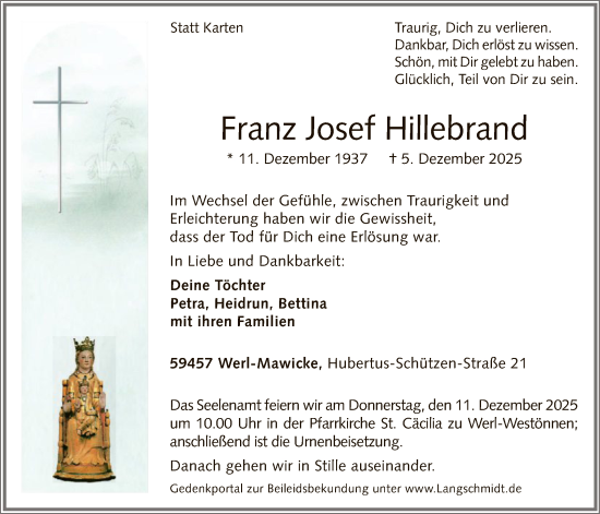 Traueranzeige von Franz Josef Hillebrand von HASO