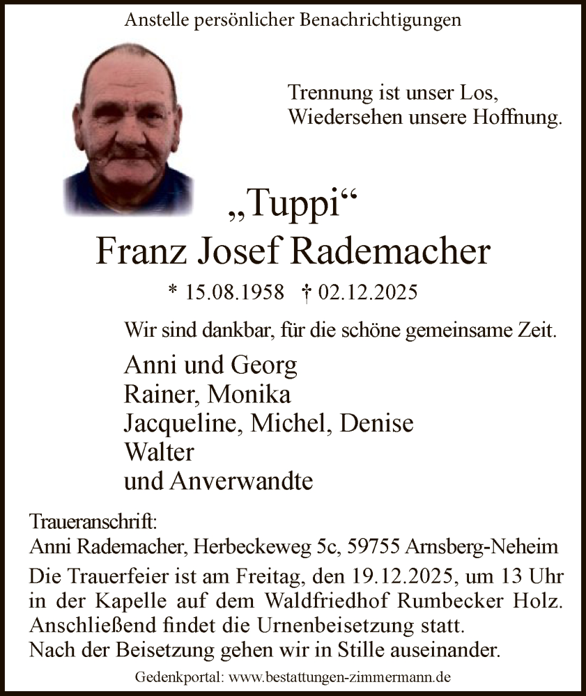  Traueranzeige für Franz Josef Rademacher vom 13.12.2025 aus HASK