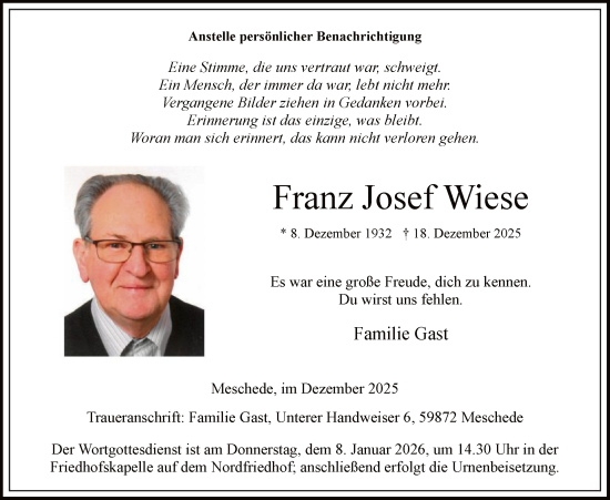 Traueranzeige von Franz Josef Wiese von HASK