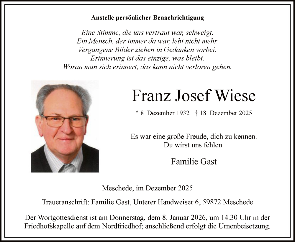  Traueranzeige für Franz Josef Wiese vom 27.12.2025 aus HASK