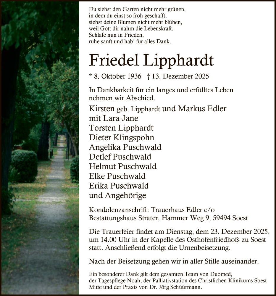  Traueranzeige für Friedel Lipphardt vom 17.12.2025 aus HASO