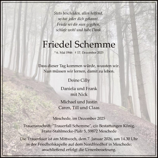 Traueranzeige von Friedel Schemme von HASK