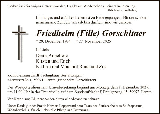 Traueranzeige von Friedhelm Gorschlüter von HAWA
