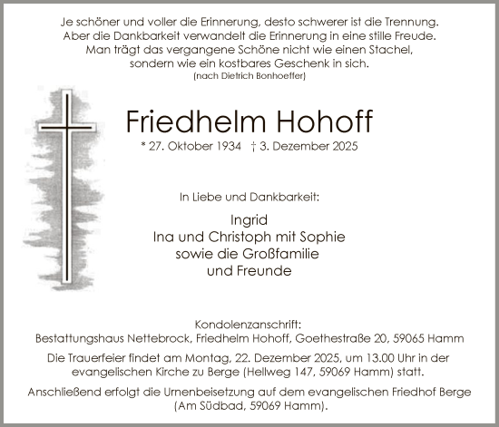 Traueranzeige von Friedhelm Hohoff von HAWA