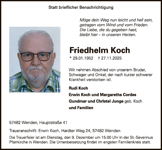 Traueranzeige von Friedhelm Koch von HASK
