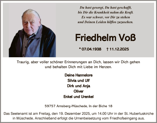 Traueranzeige von Friedhelm Voß von HASK