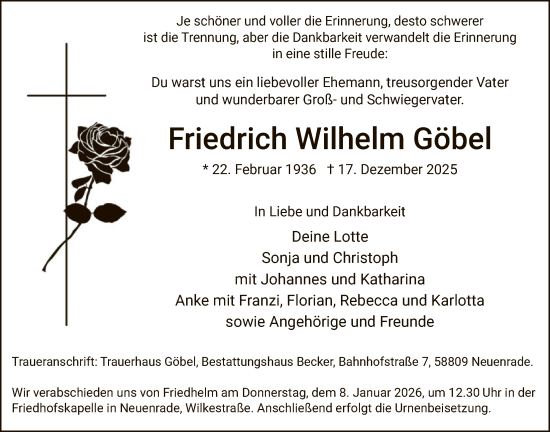 Traueranzeige von Friedrich Wilhelm Göbel von HALN