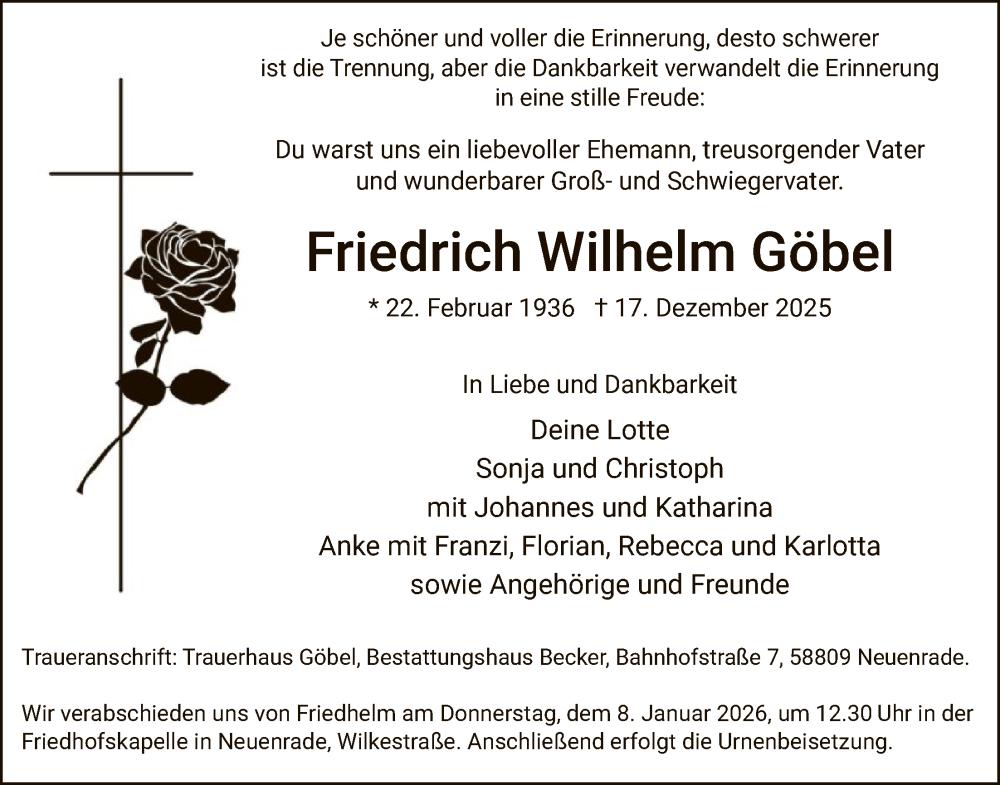  Traueranzeige für Friedrich Wilhelm Göbel vom 27.12.2025 aus HALN