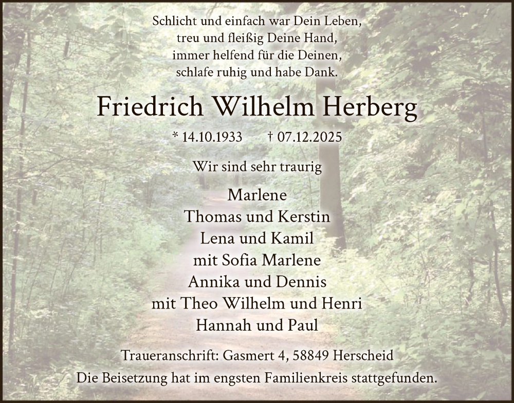  Traueranzeige für Friedrich Wilhelm Herberg vom 13.12.2025 aus HALN