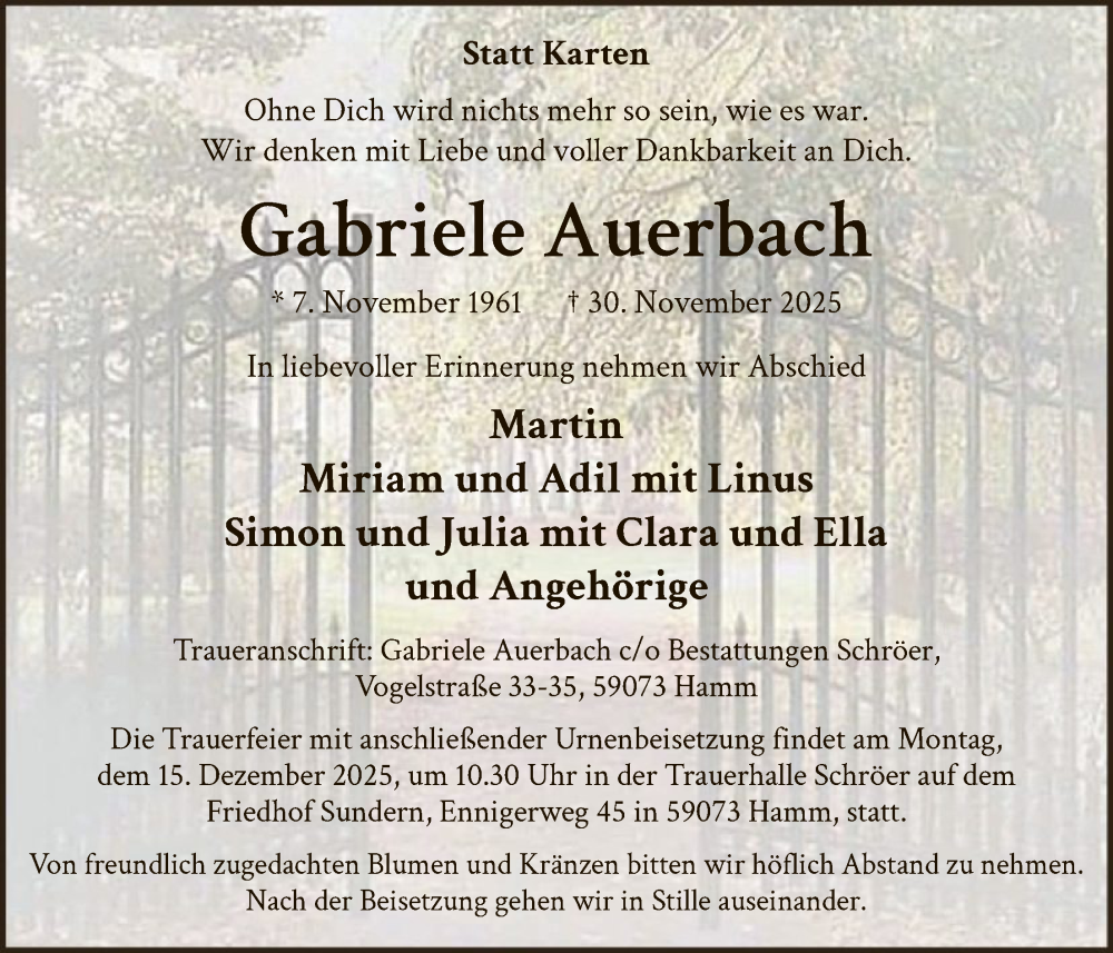  Traueranzeige für Gabriele Auerbach vom 06.12.2025 aus HAWA