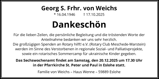 Traueranzeige von Georg S. Frhr. von Weichs von HASK