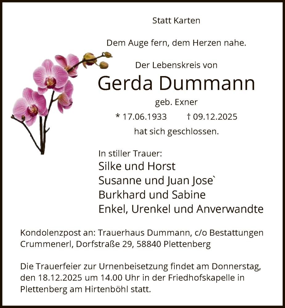  Traueranzeige für Gerda Dummann vom 12.12.2025 aus HALN