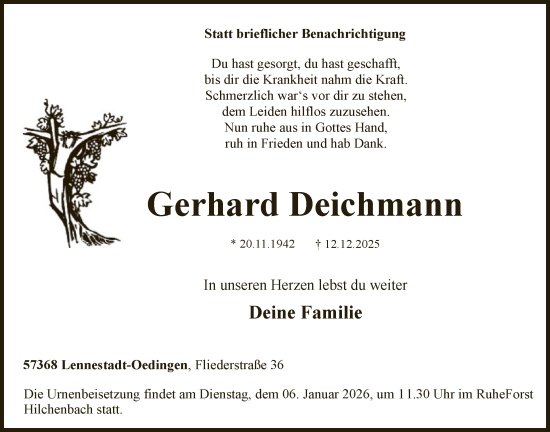Traueranzeige von Gerhard Deichmann von HASK