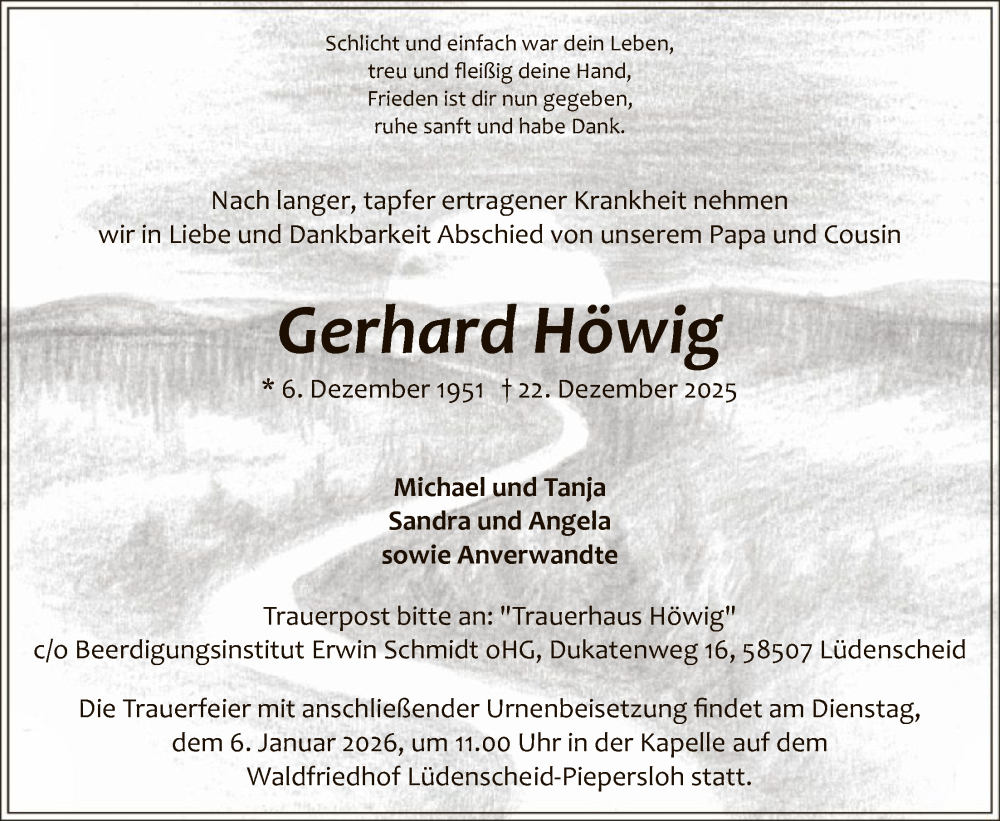  Traueranzeige für Gerhard Höwig vom 29.12.2025 aus HALN