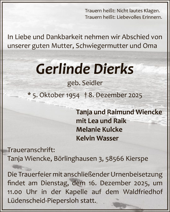Traueranzeige von Gerlinde Dierks von HALN