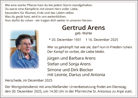 Traueranzeige von Gertrud Arens von HASK