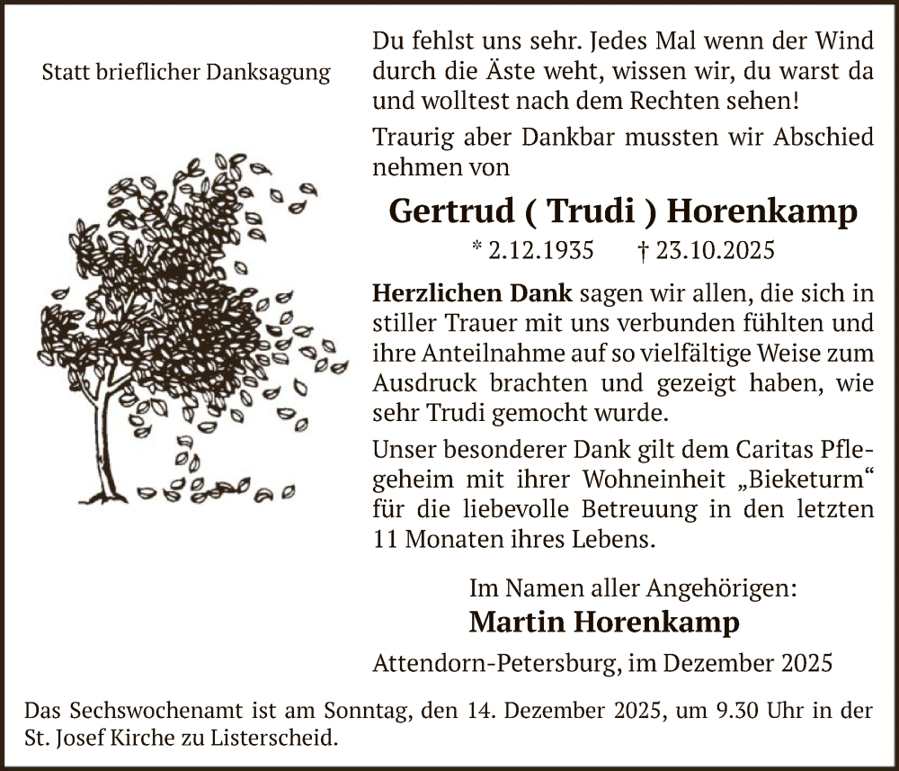  Traueranzeige für Gertrud Horenkamp vom 06.12.2025 aus HASK