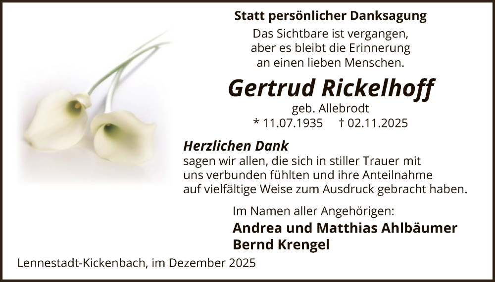  Traueranzeige für Gertrud Rickelhoff vom 27.12.2025 aus HASK