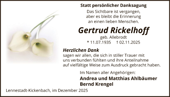 Traueranzeige von Gertrud Rickelhoff von HASK