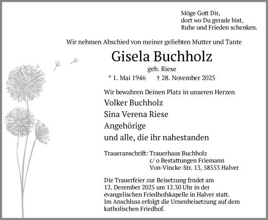 Traueranzeige von Gisela Buchholz von HALN