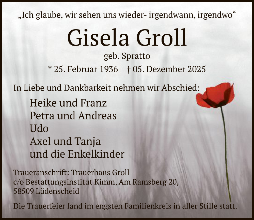 Traueranzeige für Gisela Groll vom 20.12.2025 aus HALN