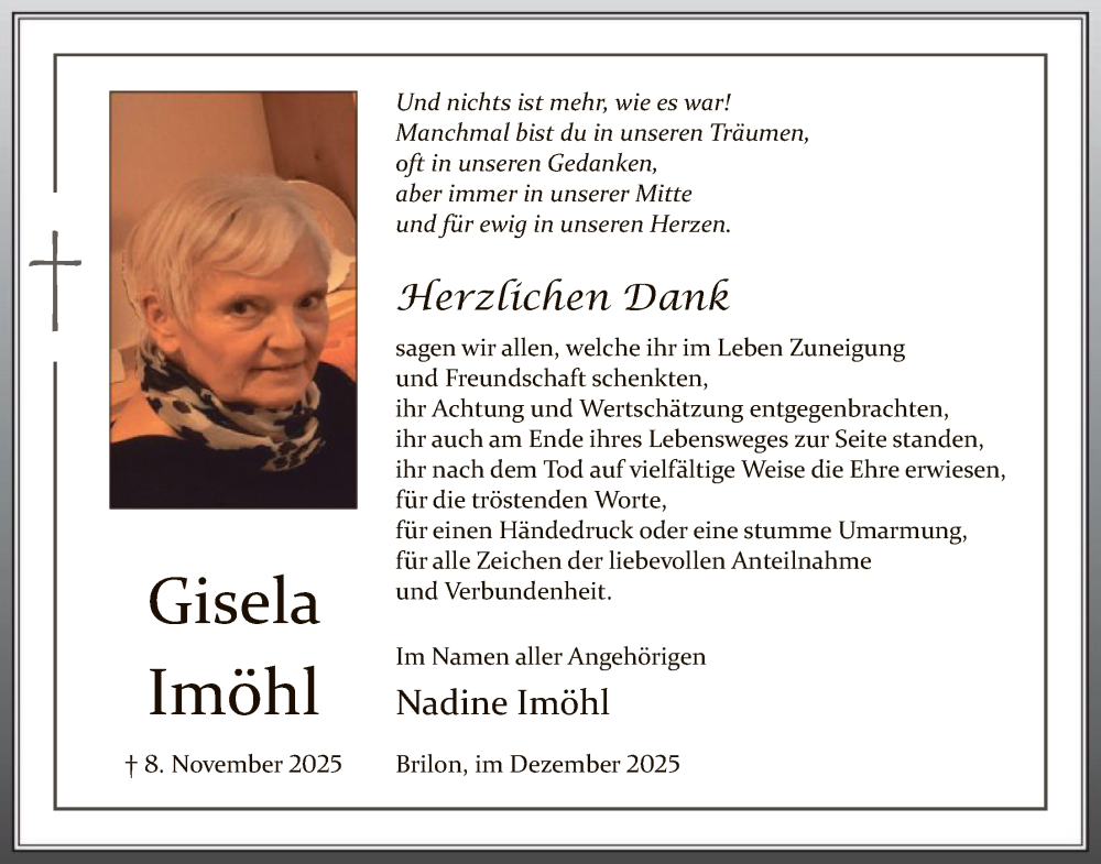  Traueranzeige für Gisela Imöhl vom 20.12.2025 aus HASK