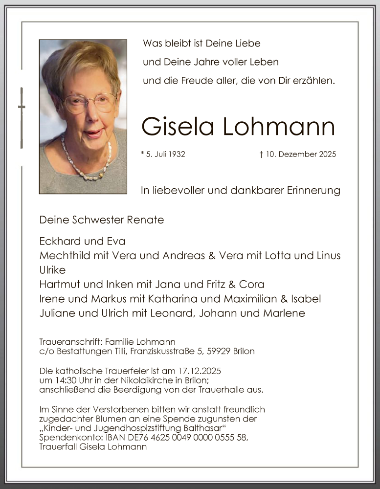 Traueranzeige für Gisela Lohmann vom 13.12.2025 aus HASK