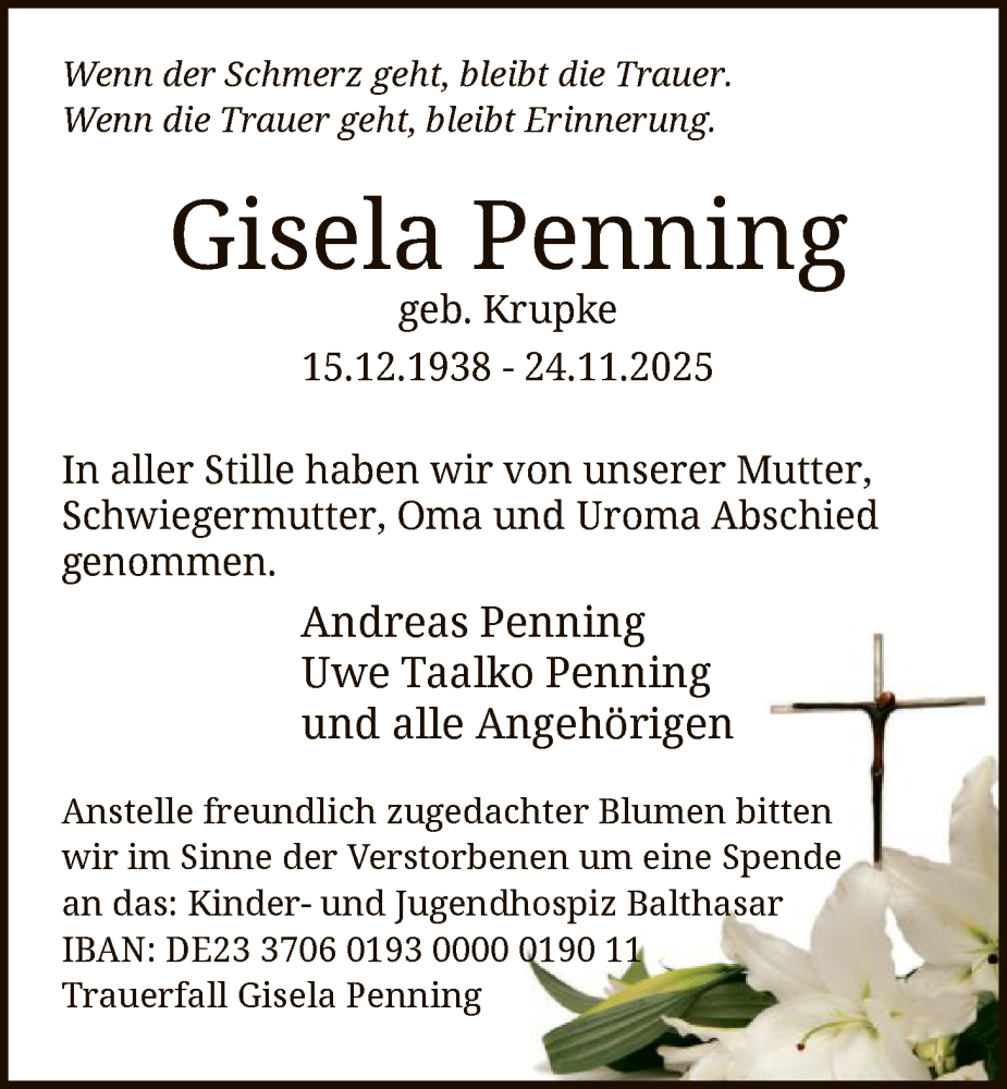  Traueranzeige für Gisela Penning vom 06.12.2025 aus HALN