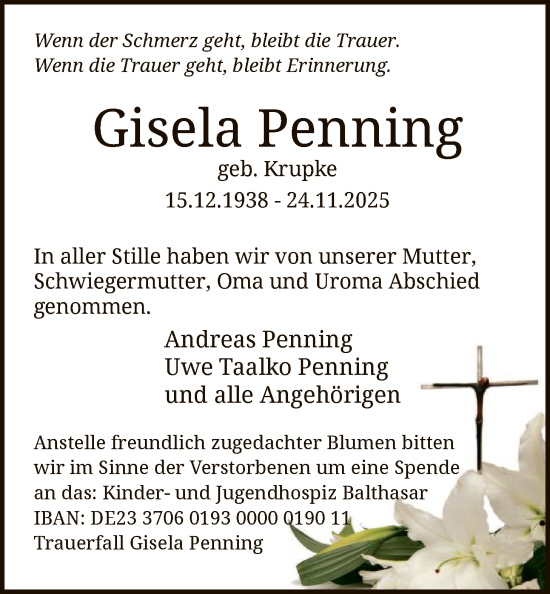 Traueranzeige von Gisela Penning von HALN