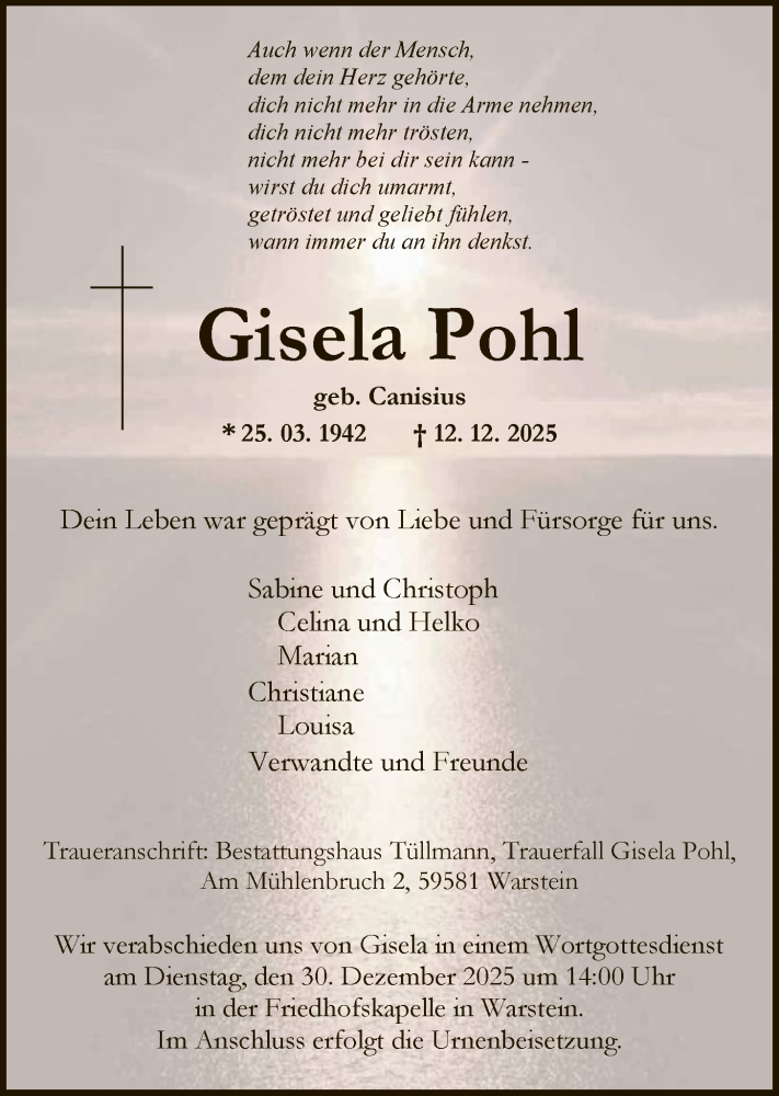  Traueranzeige für Gisela Pohl vom 20.12.2025 aus HASO