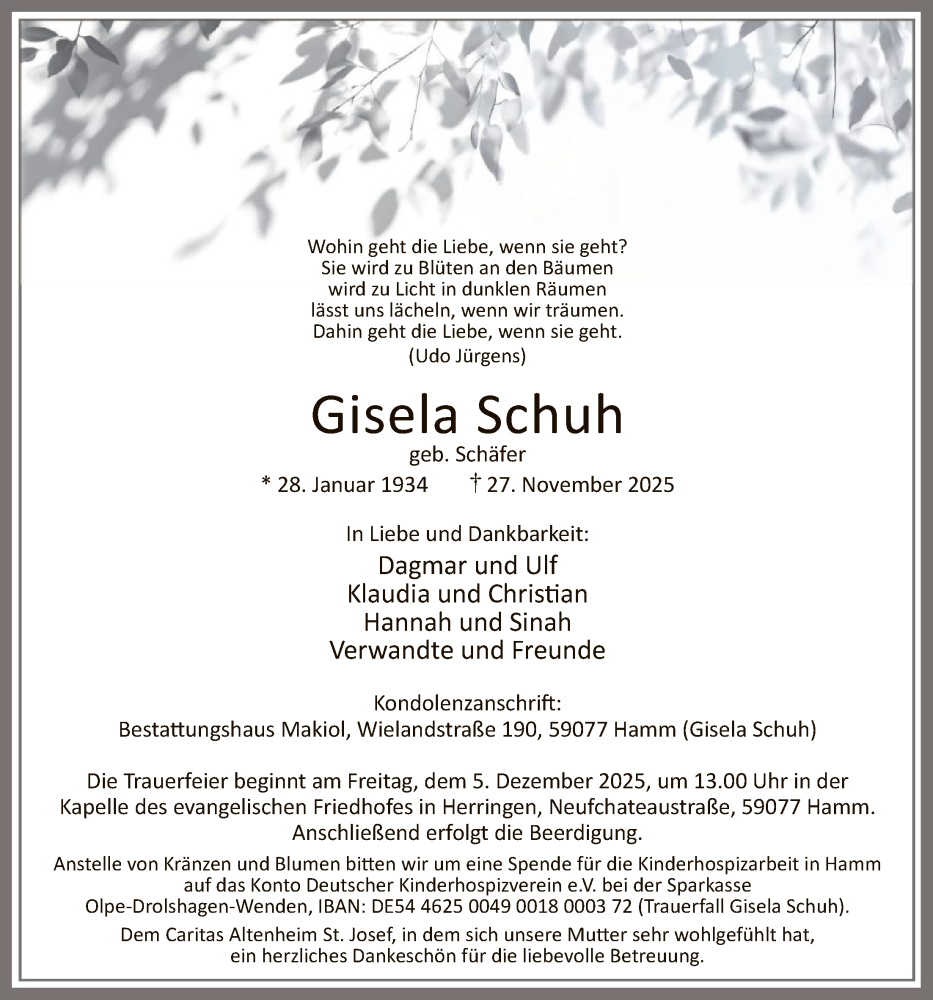  Traueranzeige für Gisela Schuh vom 02.12.2025 aus HAWA