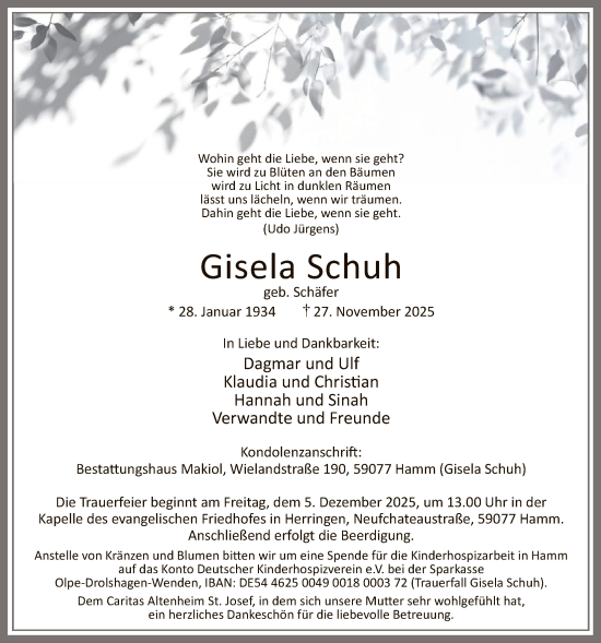 Traueranzeige von Gisela Schuh von HAWA